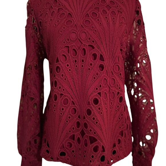 Ultra Pink Women's Red eyelet Blouse High Neck Lantern Sleeves Standard Size S - Picture 6 of 6